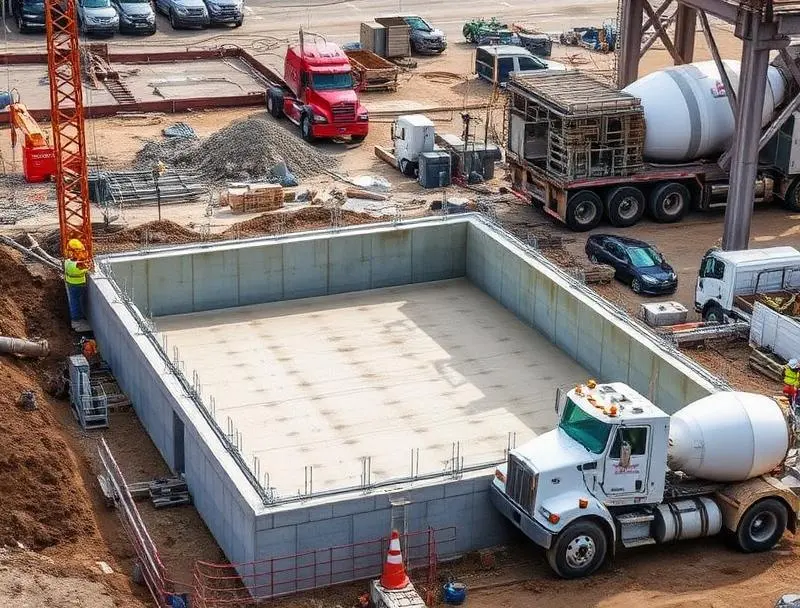 Baca Ready Mix concrete boom pump truck pouring a residential driveway in the Savannah area.